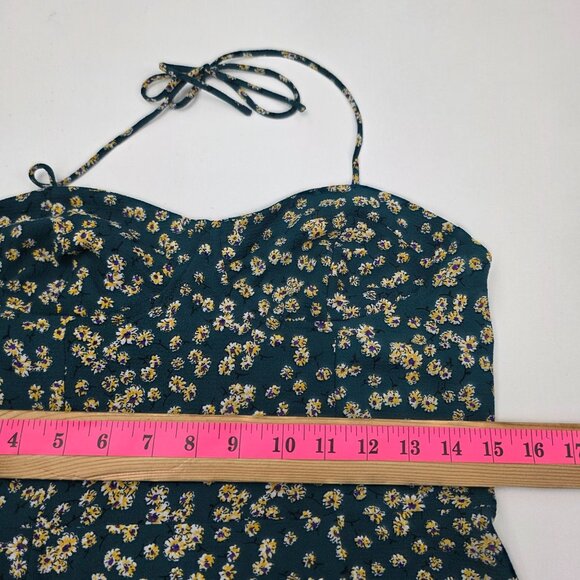 Womens L Green Yellow Floral Print Midi Dress w/Sweetheart Neckline &‎ Tie Back - Picture 12 of 13